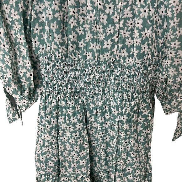 Rebecca Taylor Floral Silk Dress Smocked Waist Metallic Accents Green Size Small - Picture 5 of 10